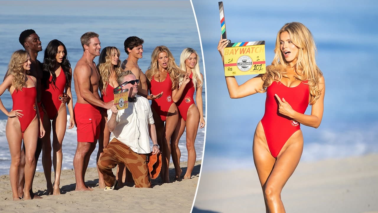 First Look: Brooks Nader, Shay Mitchell, Stephen Amell and Cast Filming Baywatch Reboot in Venice Beach Wearing Red Swimsuits