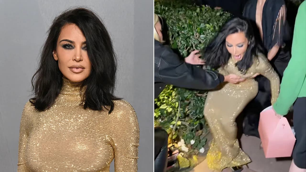 Kim Kardashian Stumbles into Bush While Entering Vanity Fair Oscars After‑Party in Gold Gucci Gown