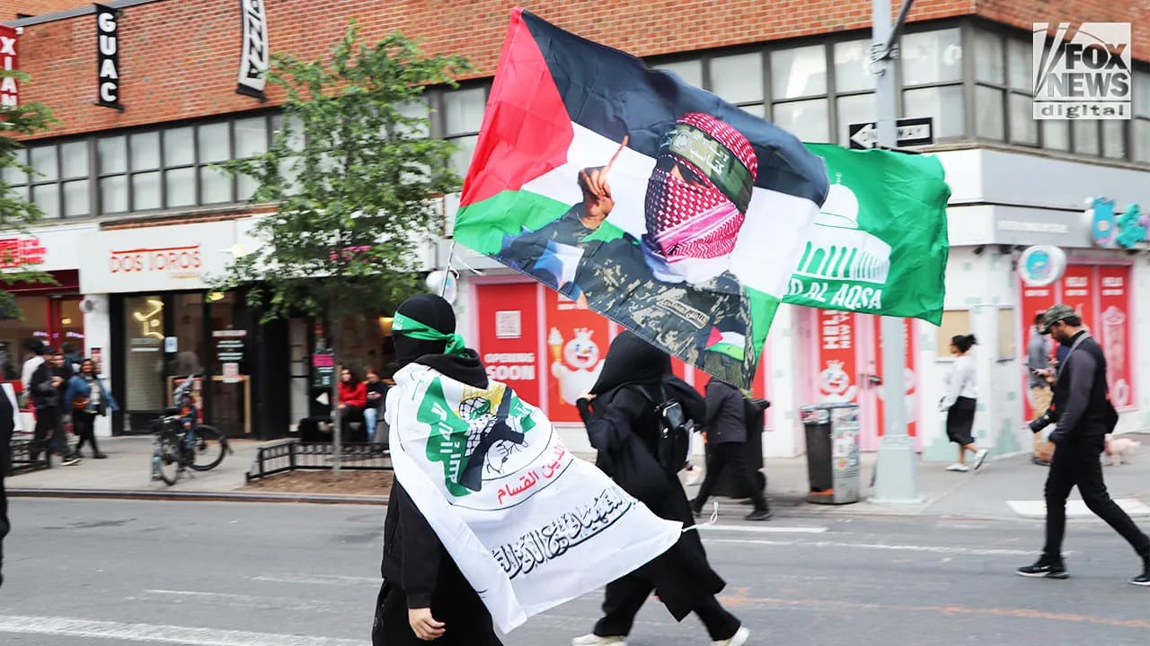 Hamas and Hezbollah flags displayed at Manhattan 'Nakba 78' protest as Mayor Mamdani earlier condemned an alleged Kataib Hezbollah terror plot