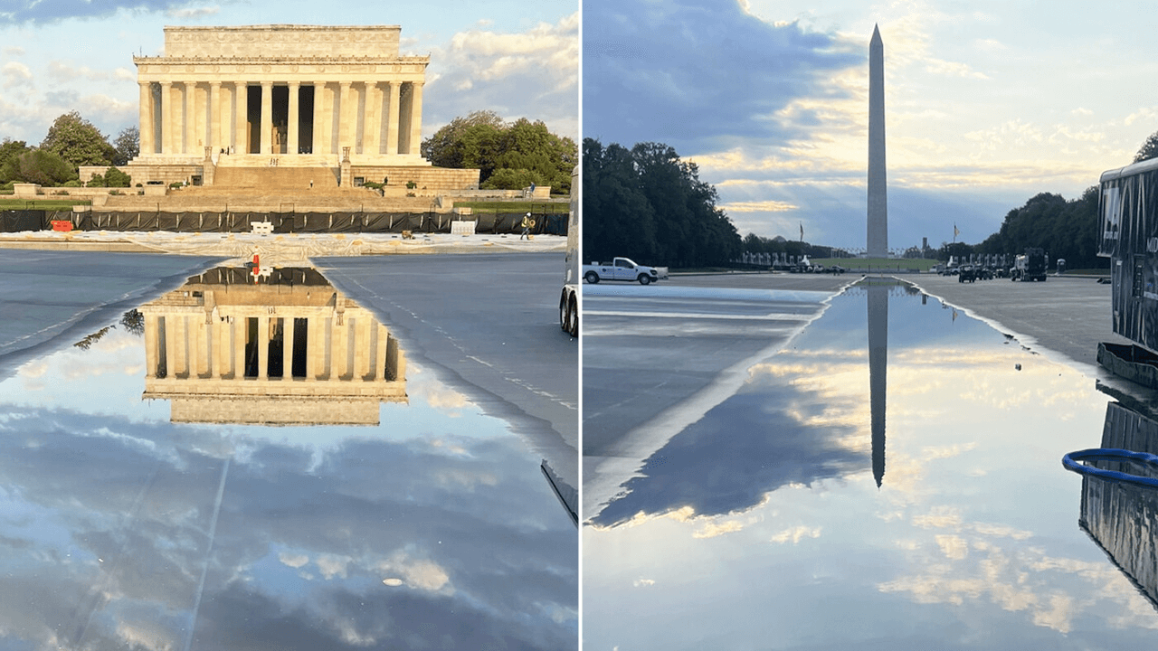 Trump shares photos of blue sample coating for Lincoln Memorial Reflecting Pool; administration says renovation is ahead of schedule for July 4; preservation group sues