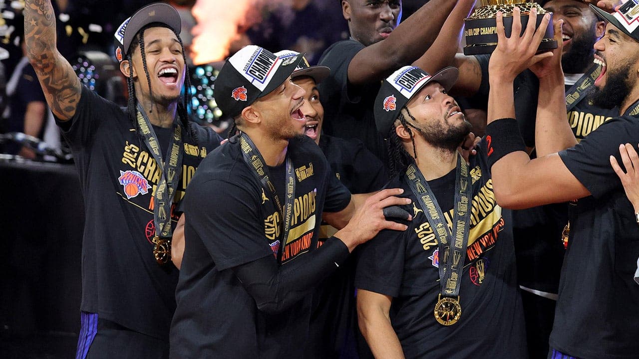 Knicks star caught 'in 4k' sticking finger in teammate's sensitive area during NBA Cup celebration
