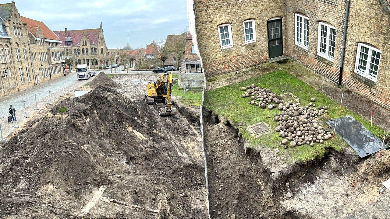 Archaeologists in Nieuwpoort, Belgium, uncover cache of about 450 medieval stone cannonballs during construction excavation