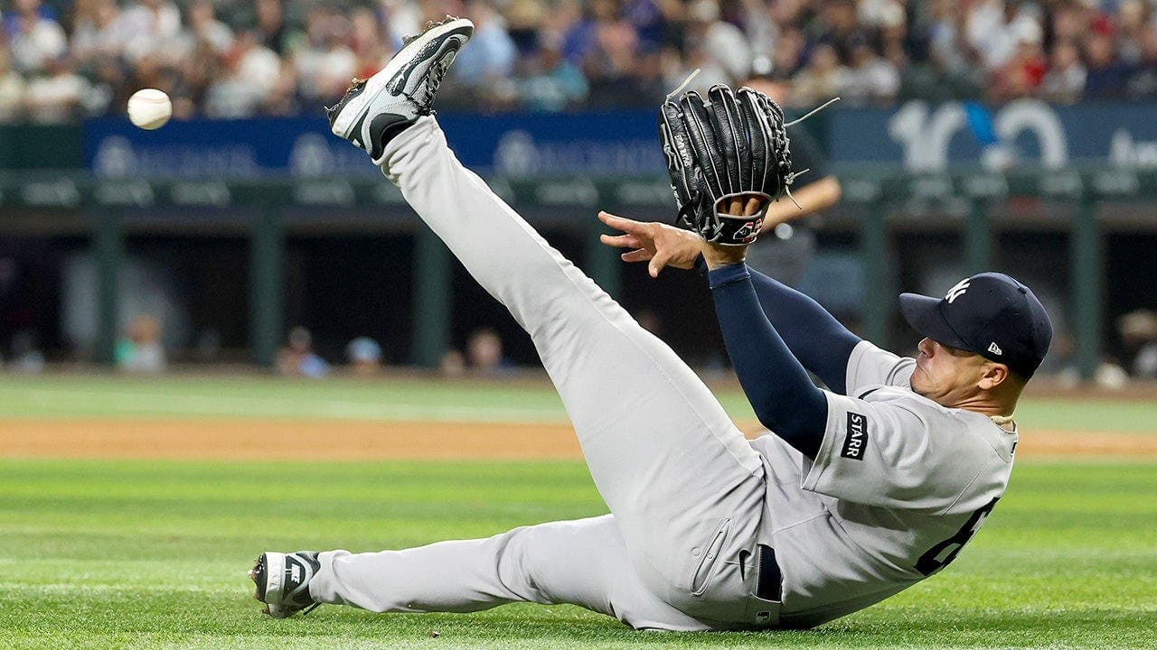 Yankees reliever Fernando Cruz charges on bunt and throws out Josh Jung at third; New York beats Texas 3-2 in Arlington (April 28, 2026)
