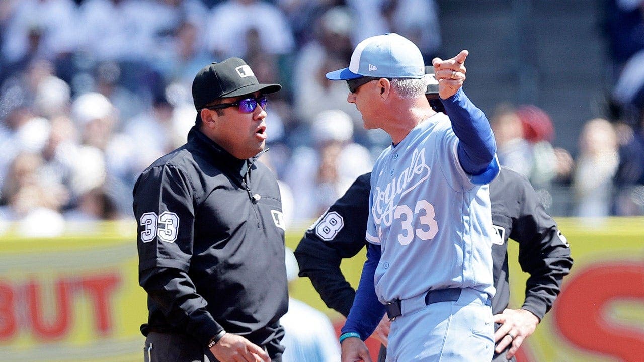 Kansas City Royals manager Matt Quatraro ejected in first inning before Royals threw a pitch at New York Yankees (Yankee Stadium, April 18, 2026)